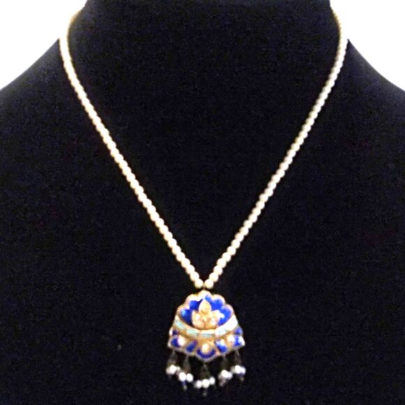Eastern Inspired Faux Pearl and Blue Enamel Beaded Pendant Necklace * - Picture 1 of 5